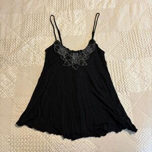 Y2K Eyeshadow black lace cami top with silver rose embroidery